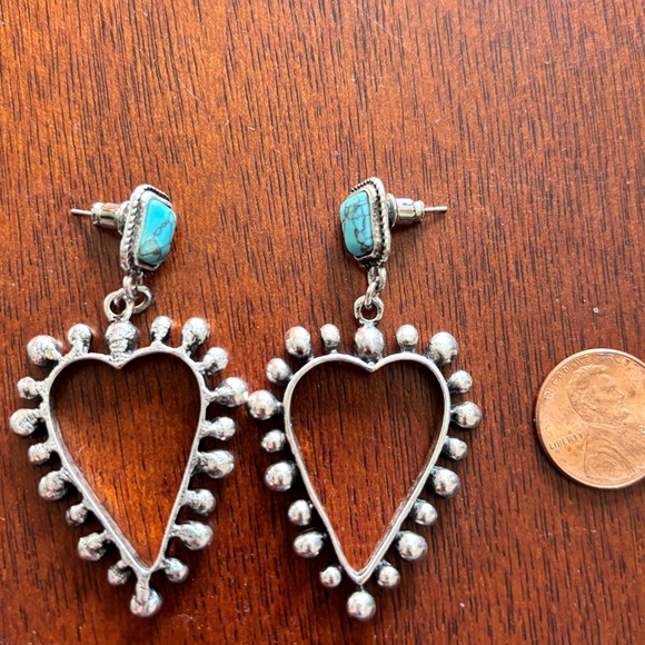 Anthropologie Western Silver Heart Earrings with Turquoise Accents - Picture 5 of 6